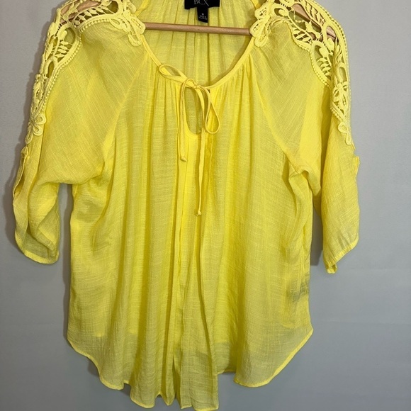 BCX Womens Blouse M  Embroidered Gauzy Tie Pleated Front Elbow Roll Tab Sleeve - Picture 1 of 15